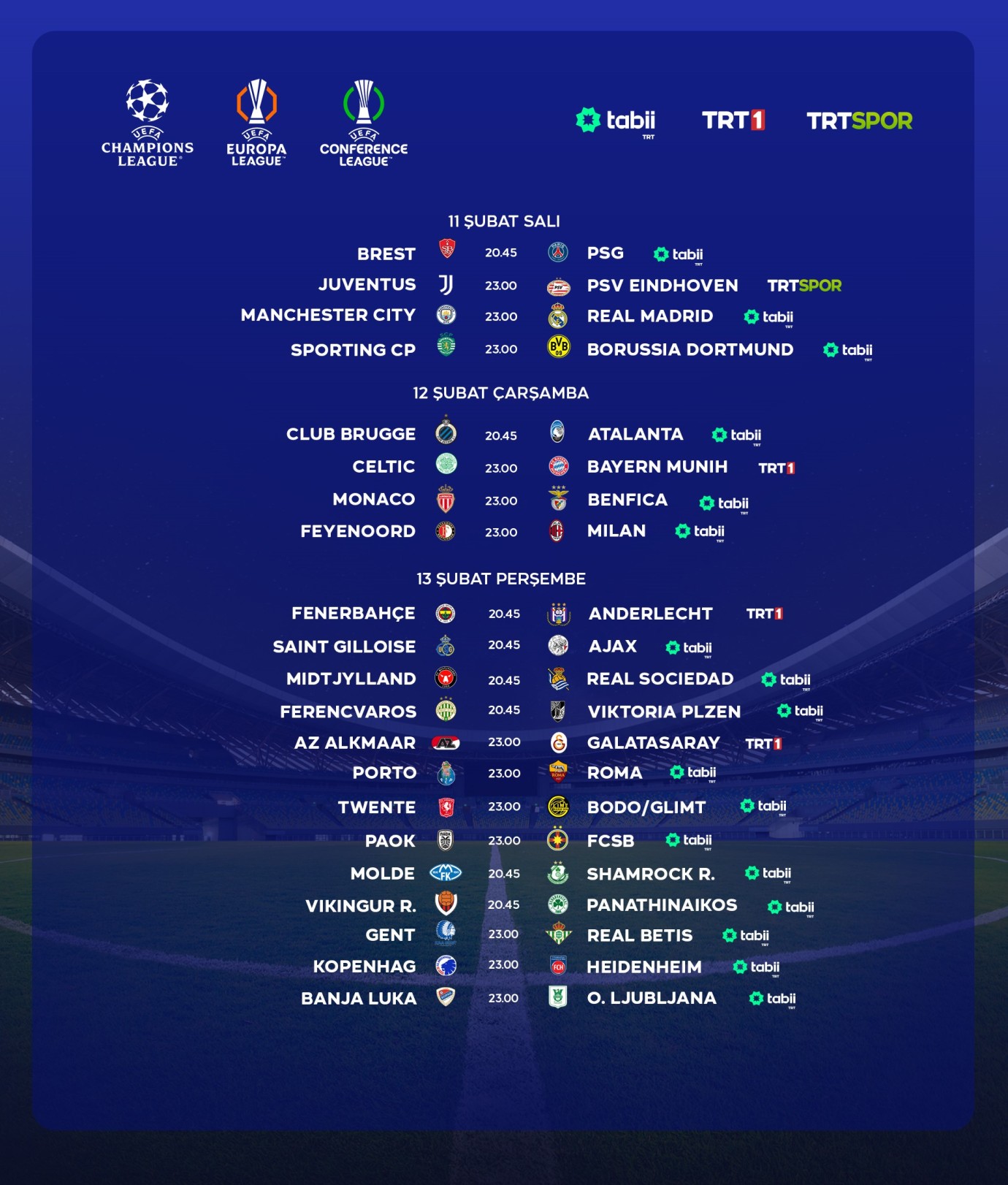 3 günde 21 UEFA maçı TRT’de canlı yayınlanacak
