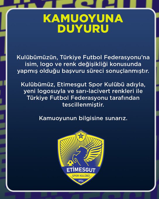 Etimesgut Spor Kulübü adıyla, yeni logosuyla ve sarı-lacivert renkleri oldu.