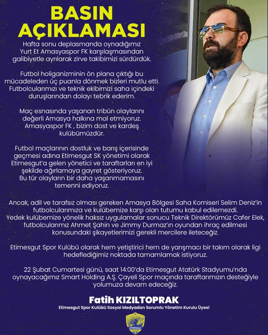 Etimesgutspor Yönetim Kurulu Üyemiz Fatih Kızıltoprak’ın Açıklamaları 