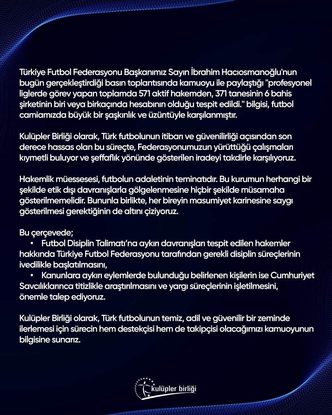 Kulüpler Birliği'nden TFF'ye destek